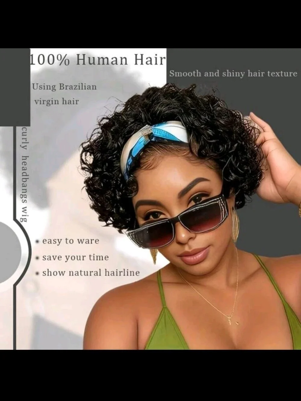 Black Wide Headband Wig Cap with Short Curly Hair